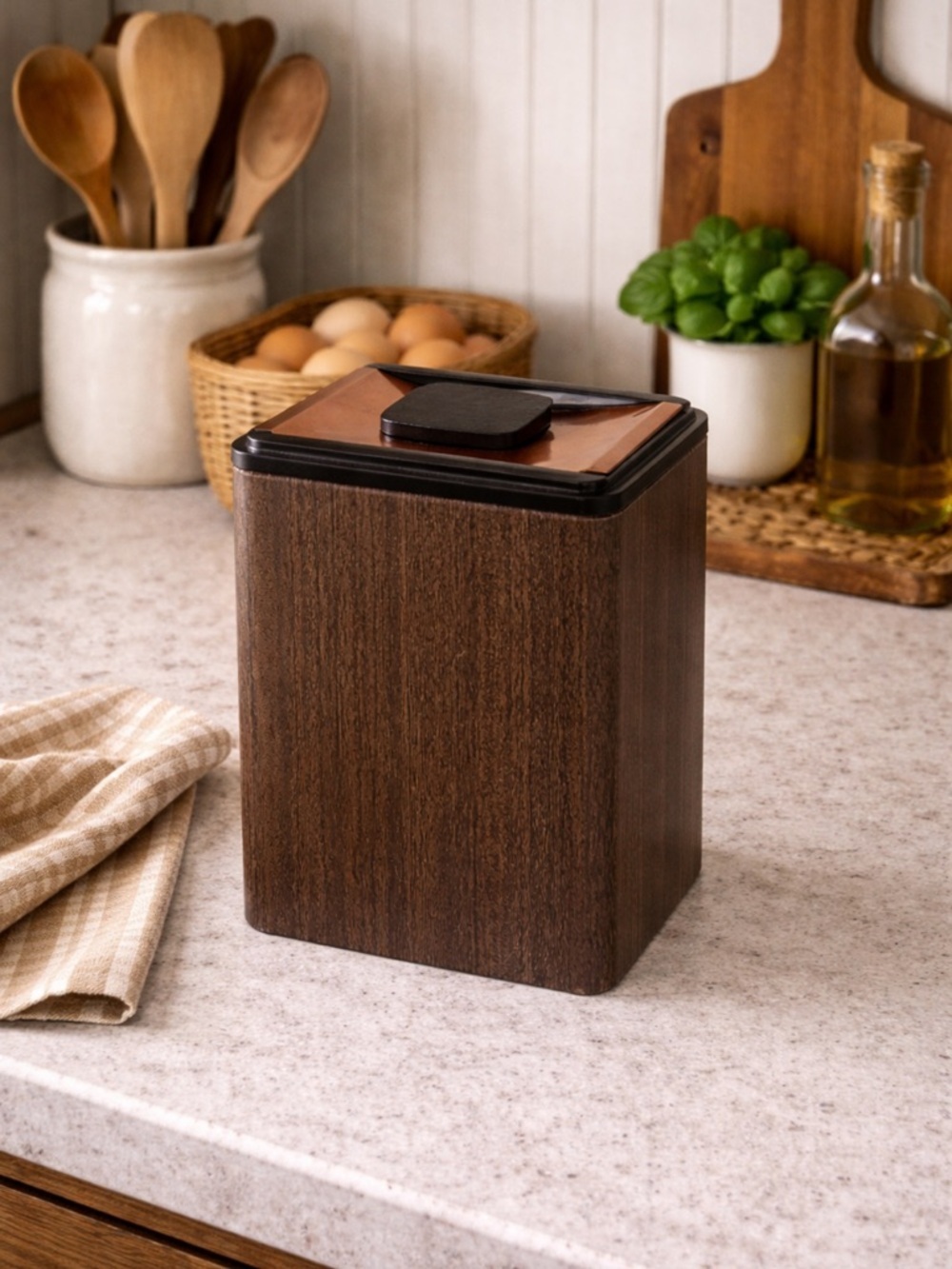 Vintage Copper & Wood-Look Metal Canister